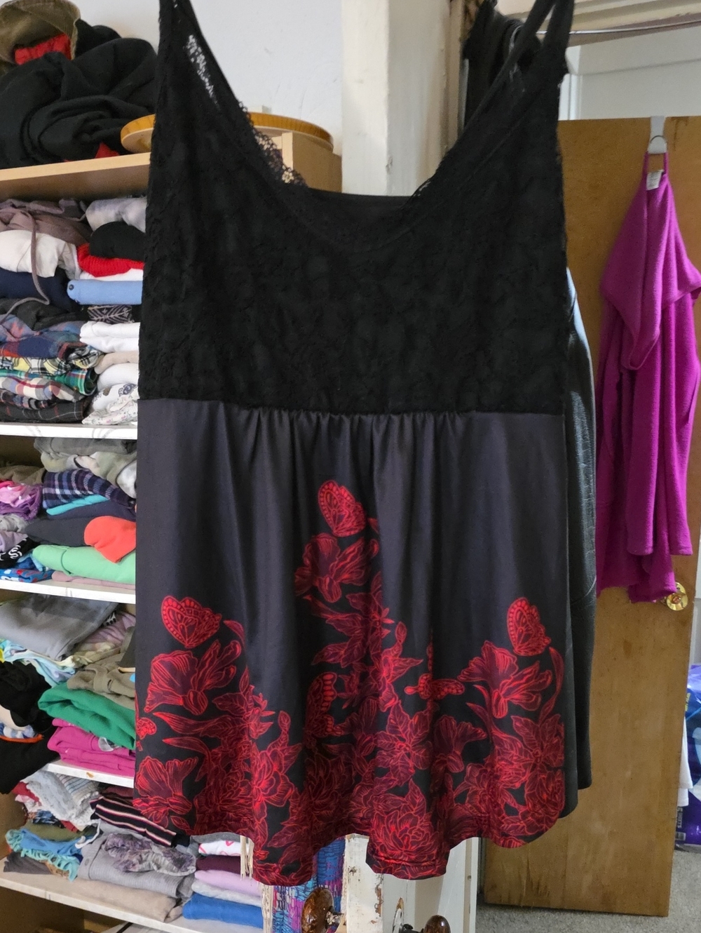 Black Lace Top with Red Floral Hem